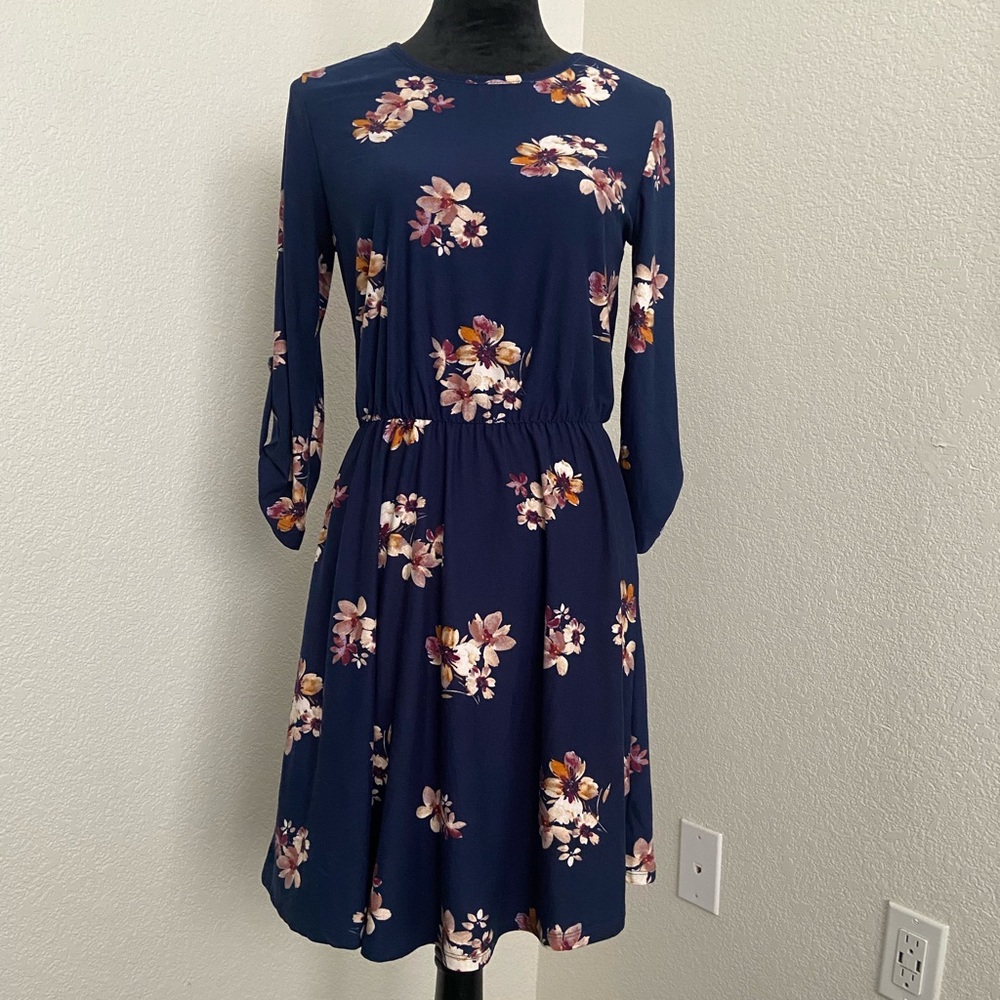 French Grey Navy Floral Long Sleeve Dress